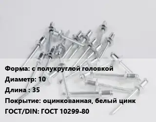 Заклепка с полукруглой головкой 10х35 оцинкованная, белый цинк ГОСТ: ГОСТ 10299-80
